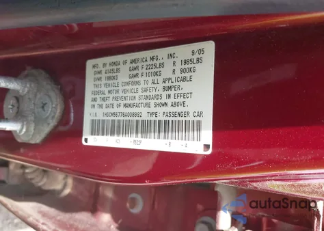 2006 Honda Accord 2.4 Ex из США, поврежденный, VIN 1HGCM56776A008992